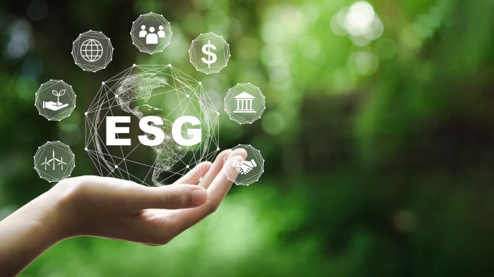 A hand holding a 3D graphic of Environment, Social and Governance (ESG) in front of a blurred green nature background.